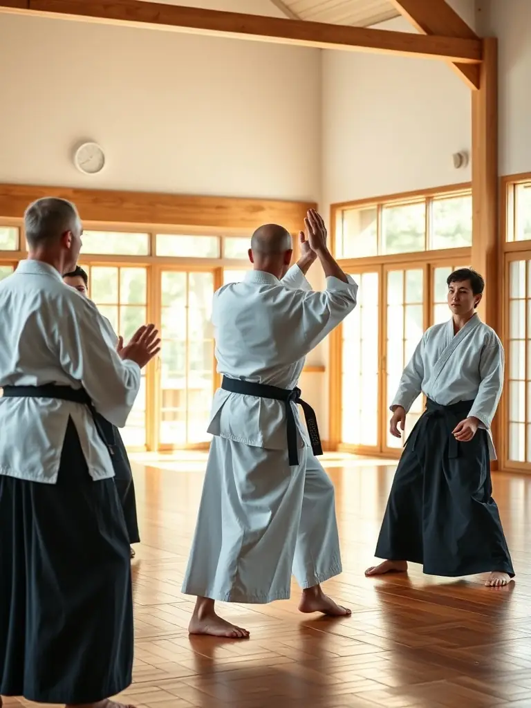 An instructor at ASBCA AIKIDO SAINT BRIEUC COTES D ARMOR leading a class of adult students through a self-defense technique, highlighting the practical applications of Aikido in real-world scenarios.