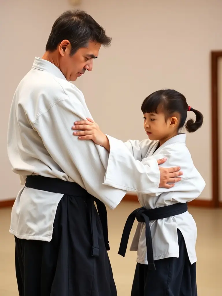 A young Aikido student demonstrating a basic technique under the guidance of an instructor at ASBCA AIKIDO SAINT BRIEUC COTES D ARMOR, emphasizing the importance of early training and skill development.