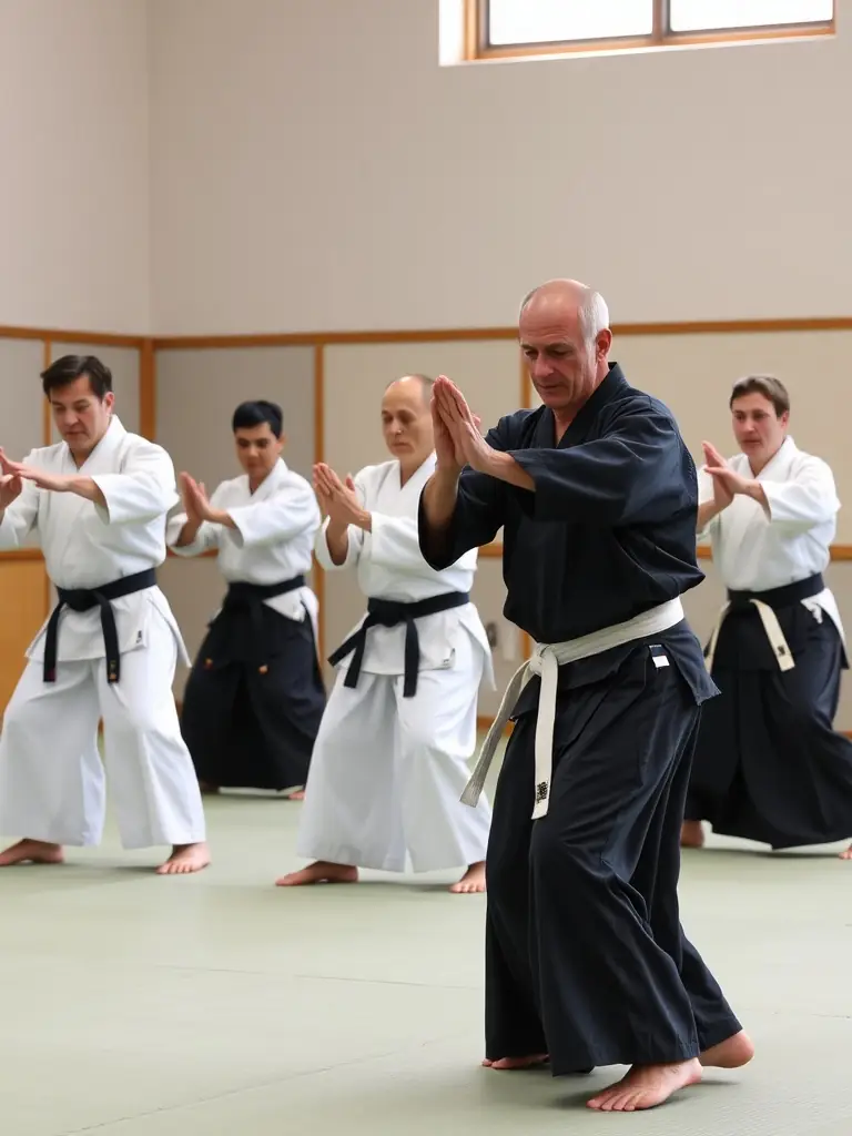 A group of Aikido students practicing a synchronized movement during a training session at ASBCA AIKIDO SAINT BRIEUC COTES D ARMOR, showcasing the harmony and coordination emphasized in Aikido.
