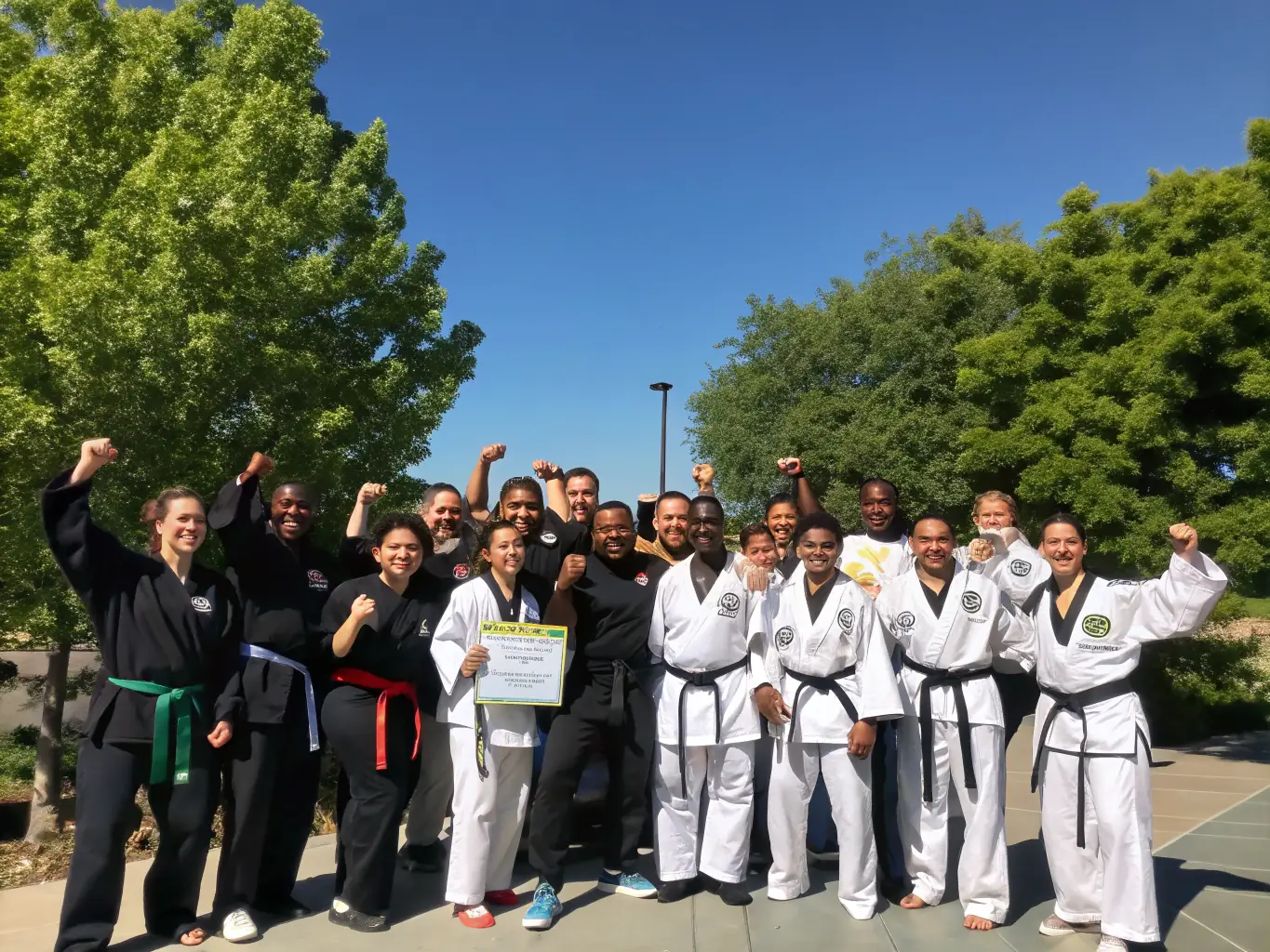 A diverse group of Aikido practitioners engaged in a community outreach event, demonstrating basic techniques and promoting the benefits of Aikido to the public, emphasizing inclusivity and community engagement.