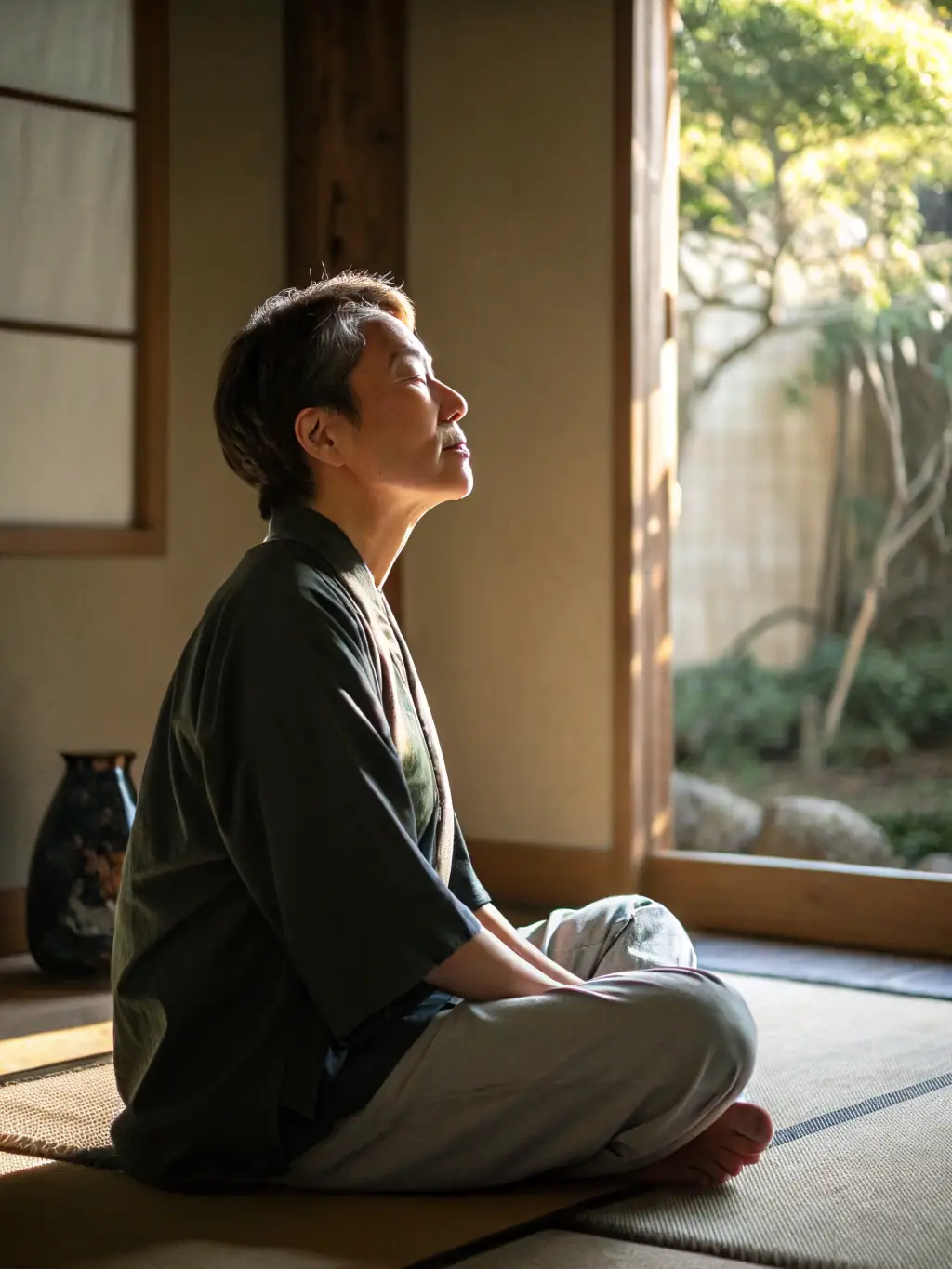 A person meditating in a dojo, with soft lighting and a serene expression, symbolizing mental discipline and focus.