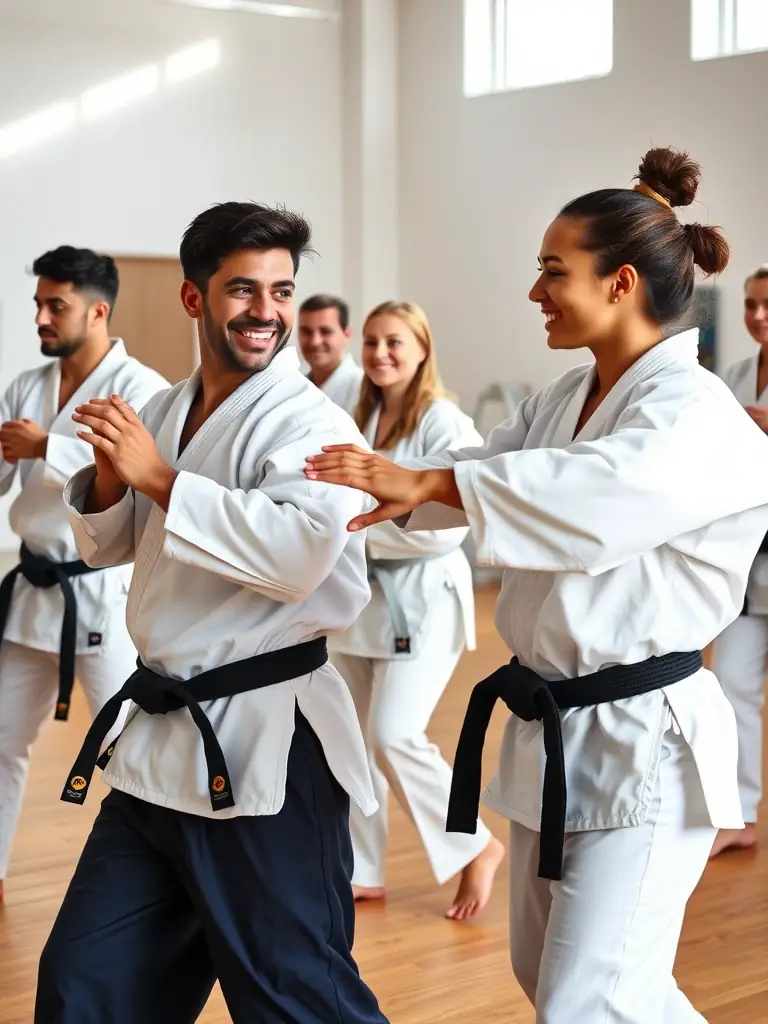 A photo of diverse individuals practicing Aikido together in a dojo, showcasing a welcoming and inclusive atmosphere.