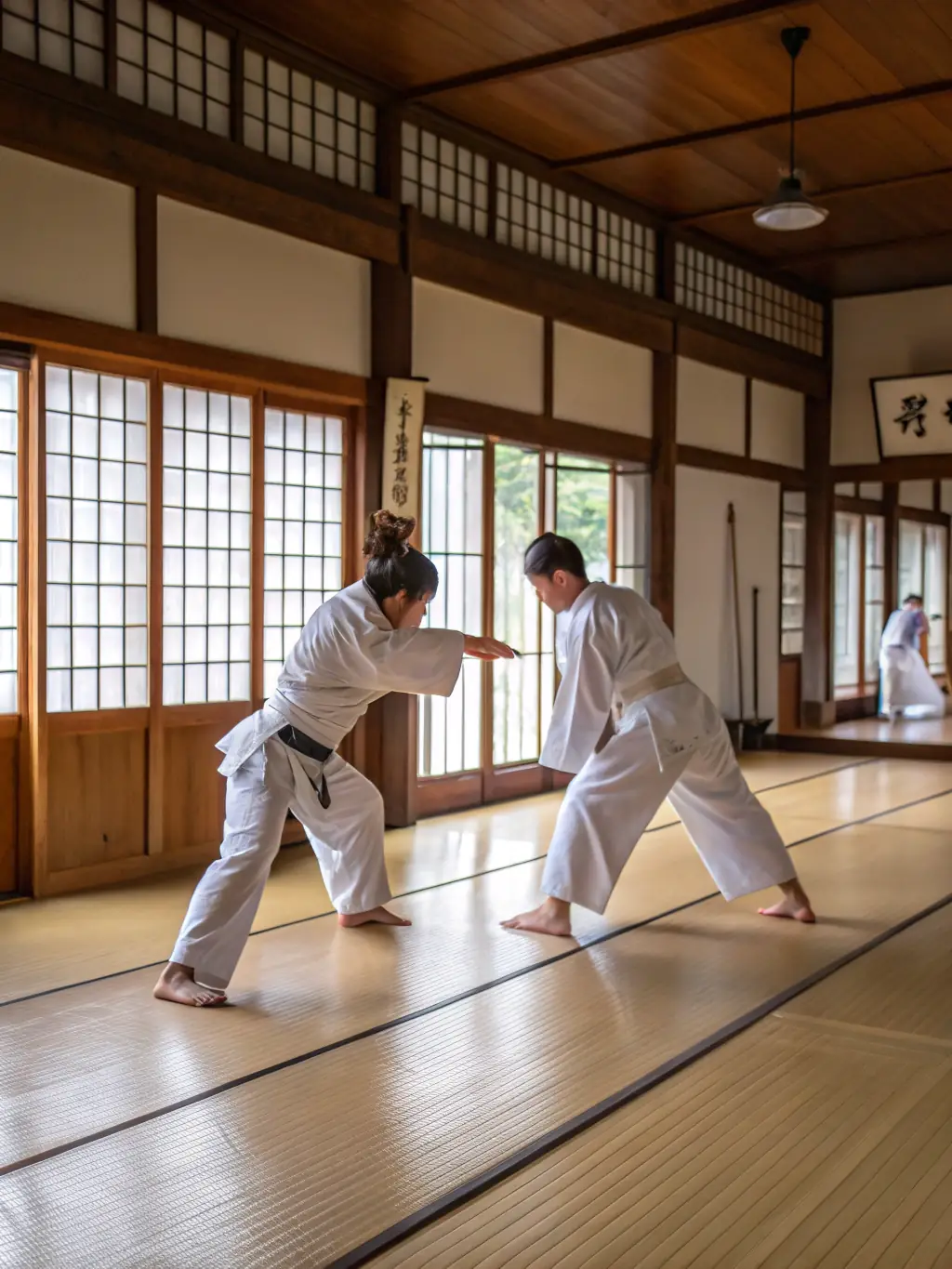 A group of adults practicing Aikido techniques in a dojo, focusing on wrist locks and controlled movements, showcasing the discipline and precision of traditional Aikido.