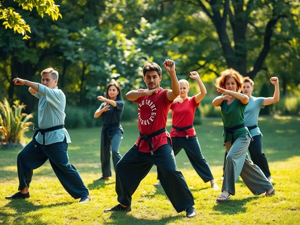 A group of diverse individuals practicing Aikido techniques together, emphasizing the inclusive and community-focused nature of the dojo.