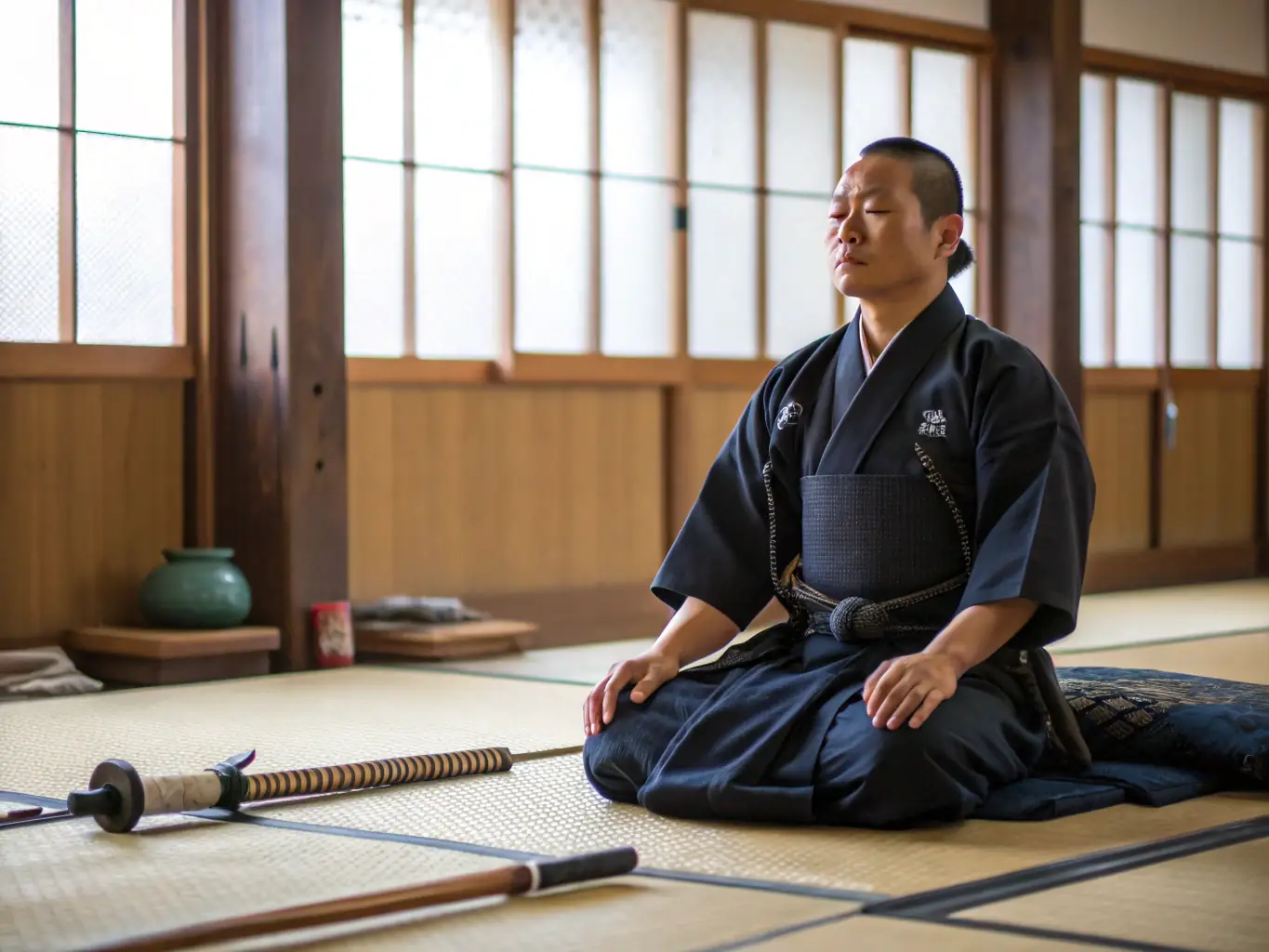 A serene image of an Aikido practitioner in a meditative pose, highlighting the mental and emotional benefits of the practice.