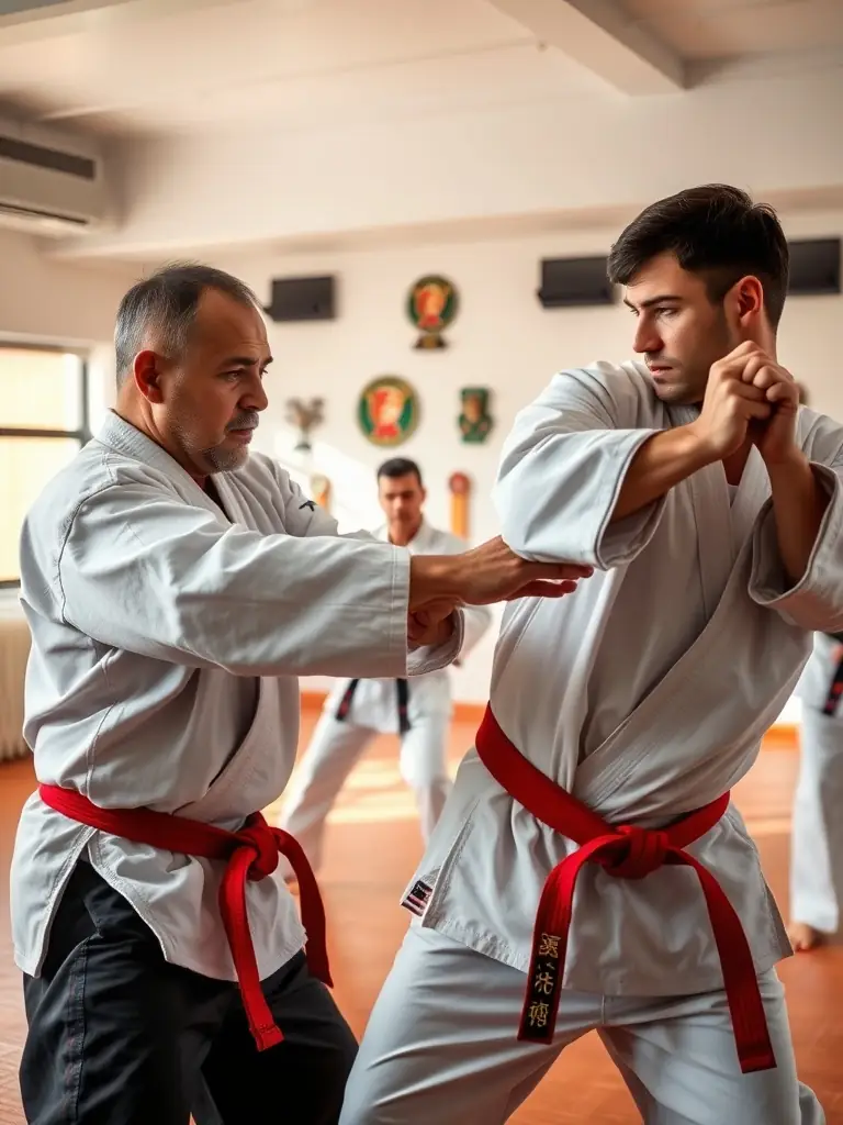 A diverse group of Aikido practitioners participating in a weapons training session, using wooden swords and staffs to learn advanced techniques.