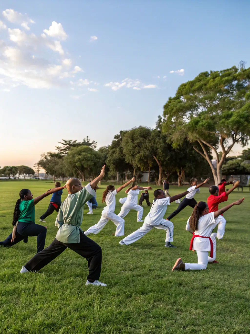 A diverse group of Aikido practitioners of different ages and backgrounds participating in a community event organized by ASBCA AIKIDO SAINT BRIEUC COTES D ARMOR, promoting inclusivity and social cohesion.