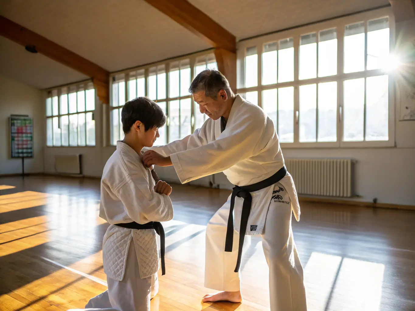 A focused image of an Aikido instructor guiding a student, showcasing the personalized attention and expert guidance provided at ASBCA AIKIDO.