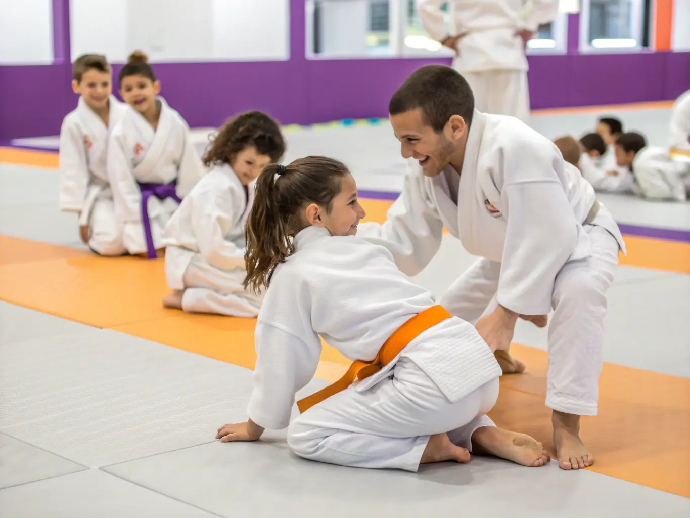 Children practicing Aikido with instructor guidance, smiling and engaged. The setting is a bright and safe dojo, with mats covering the floor. The children are learning basic Aikido movements, guided by a patient and encouraging instructor.