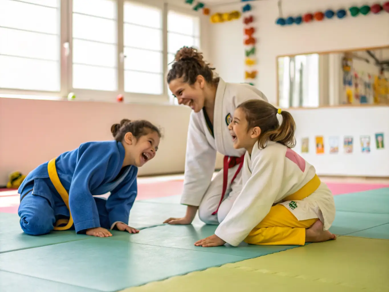A group of children participating in an Aikido class, learning basic movements and coordination in a fun and supportive environment, emphasizing the development of discipline and respect.
