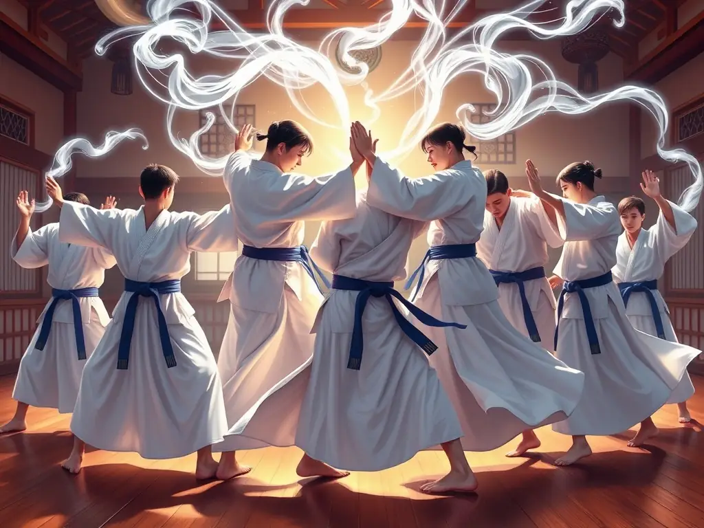 A group of adult Aikido practitioners engaged in a collaborative training session, demonstrating advanced techniques and mutual respect. The image captures the essence of Aikido as a martial art that promotes harmony and cooperation.