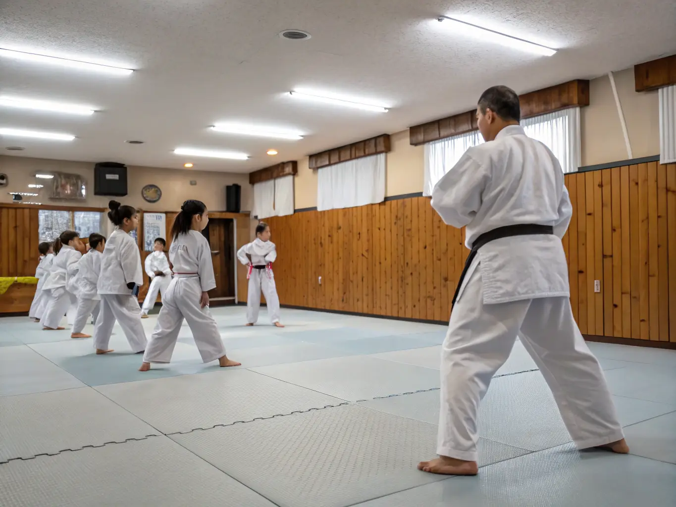 A dynamic image of students practicing Aikido techniques in a dojo, showcasing focus and discipline. The students are wearing traditional Aikido uniforms and are engaged in a flowing movement, demonstrating the harmony and precision of the martial art.